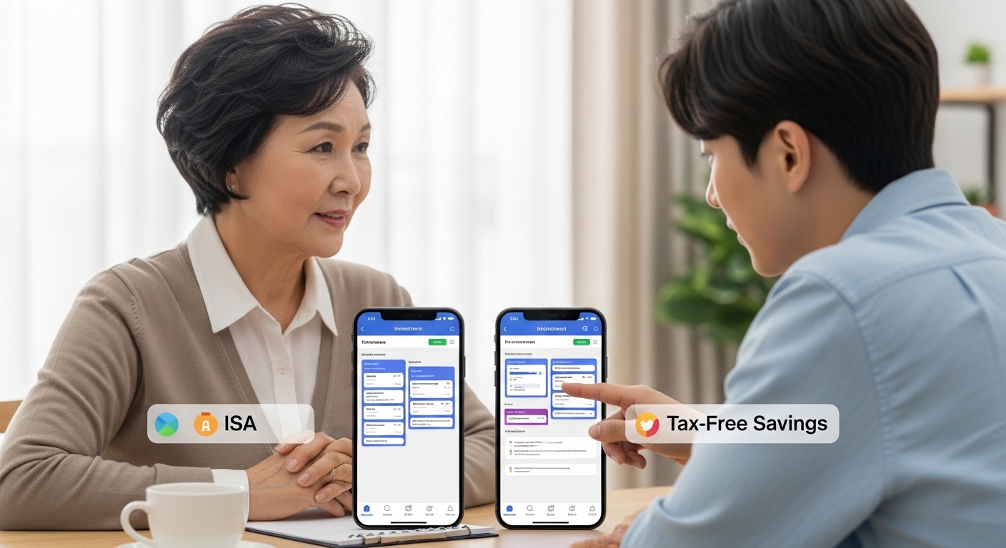 ISA와 비과세종합저축을 비교하며 설명하는 한국인 시니어와 자녀