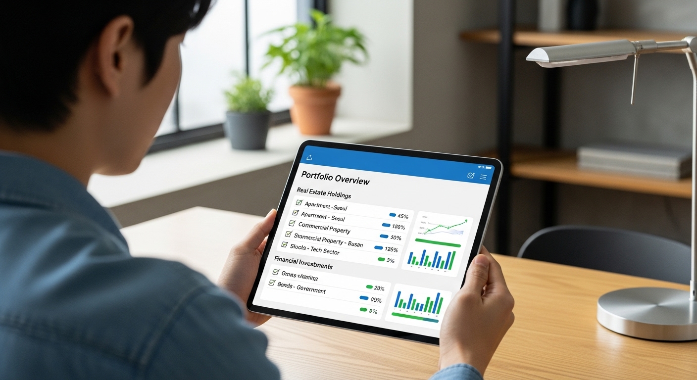 한국인이 부동산 및 금융자산 현황 체크리스트를 확인하는 장면