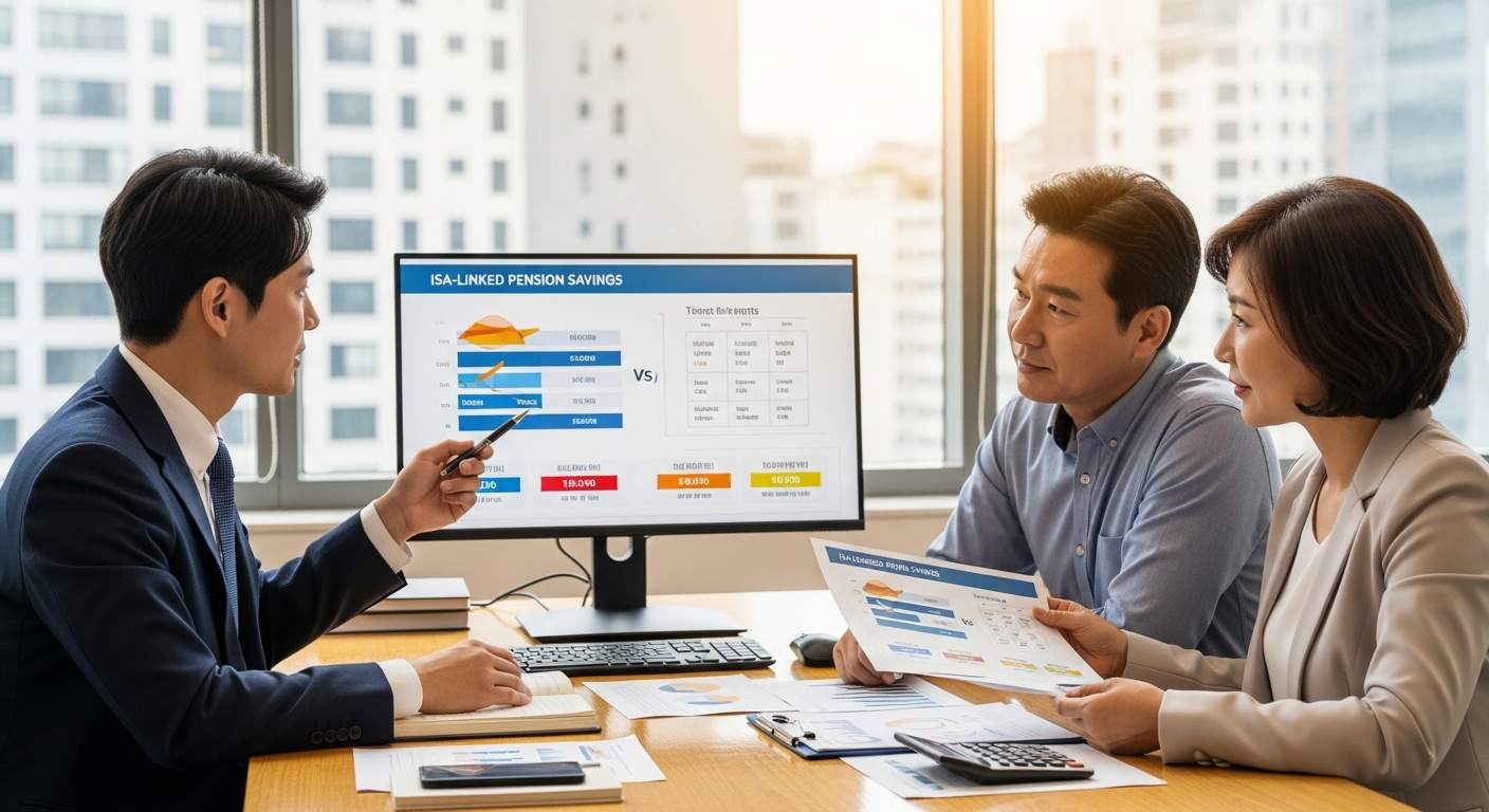 ISA 연계 및 연금 수령 전략을 상담하는 한국인 중년 부부와 금융 전문가 모습