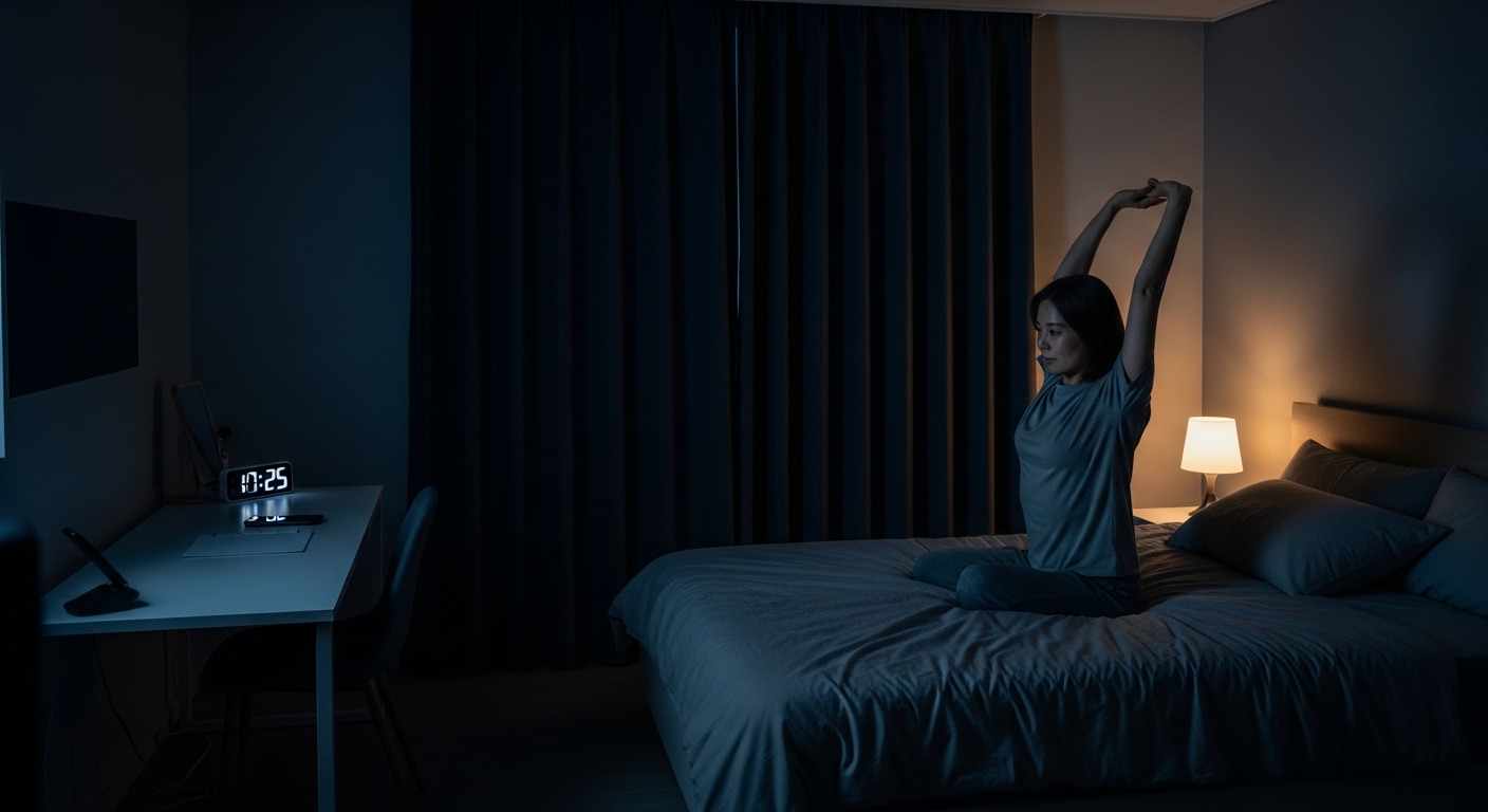 규칙적인 취침 시간에 스마트폰을 치우고 조용한 어두운 방에서 잠자기 준비를 하는 한국인 여성의 모습