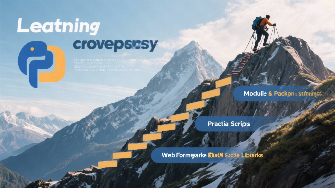 파이썬 학습 여정을 산악 등반에 비유해 다음 단계 학습을 보여주는 이미지