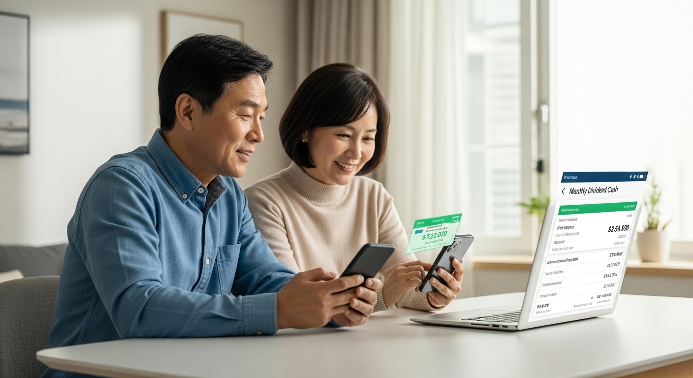중장년 한국인 부부가 집에서 배당금 입금 내역을 보며 미소 짓는 장면