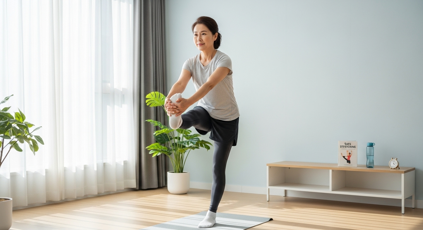 밝은 실내에서 준비 운동과 마무리 운동 스트레칭을 하는 중년 한국인 모습