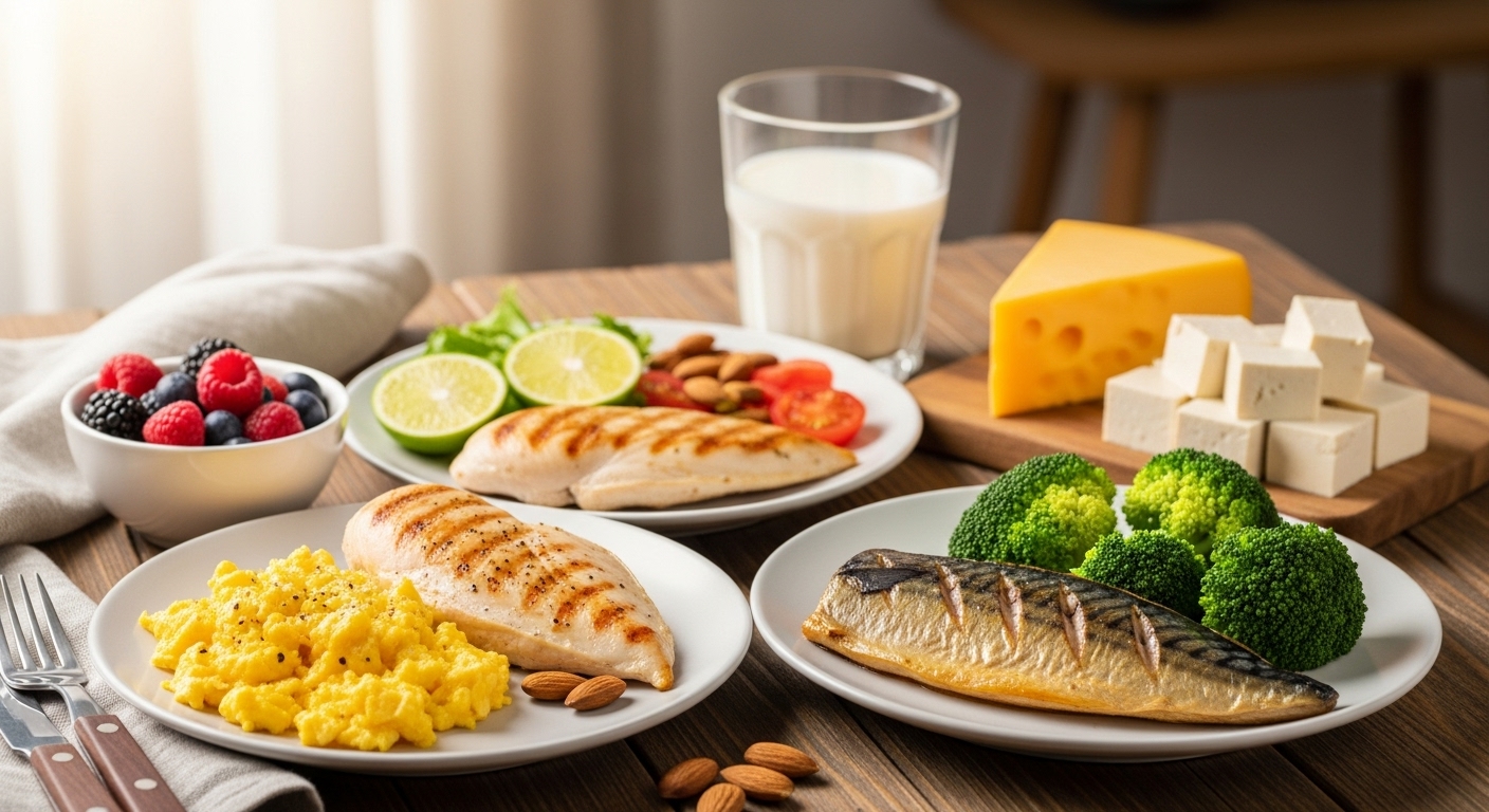 건강한 단백질과 비타민D 칼슘 식품이 조화롭게 놓인 중년 근육 관리용 식단