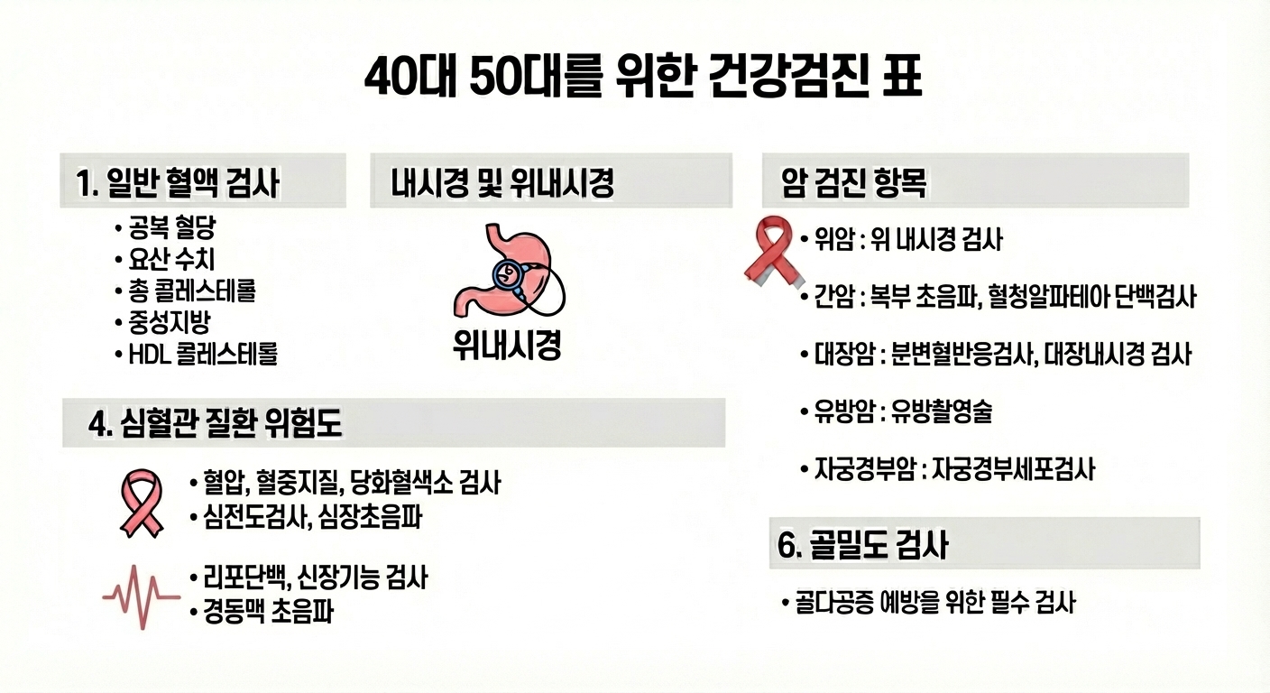 40대, 50대 맞춤 건강검진 항목을 보여주는 인포그래픽
