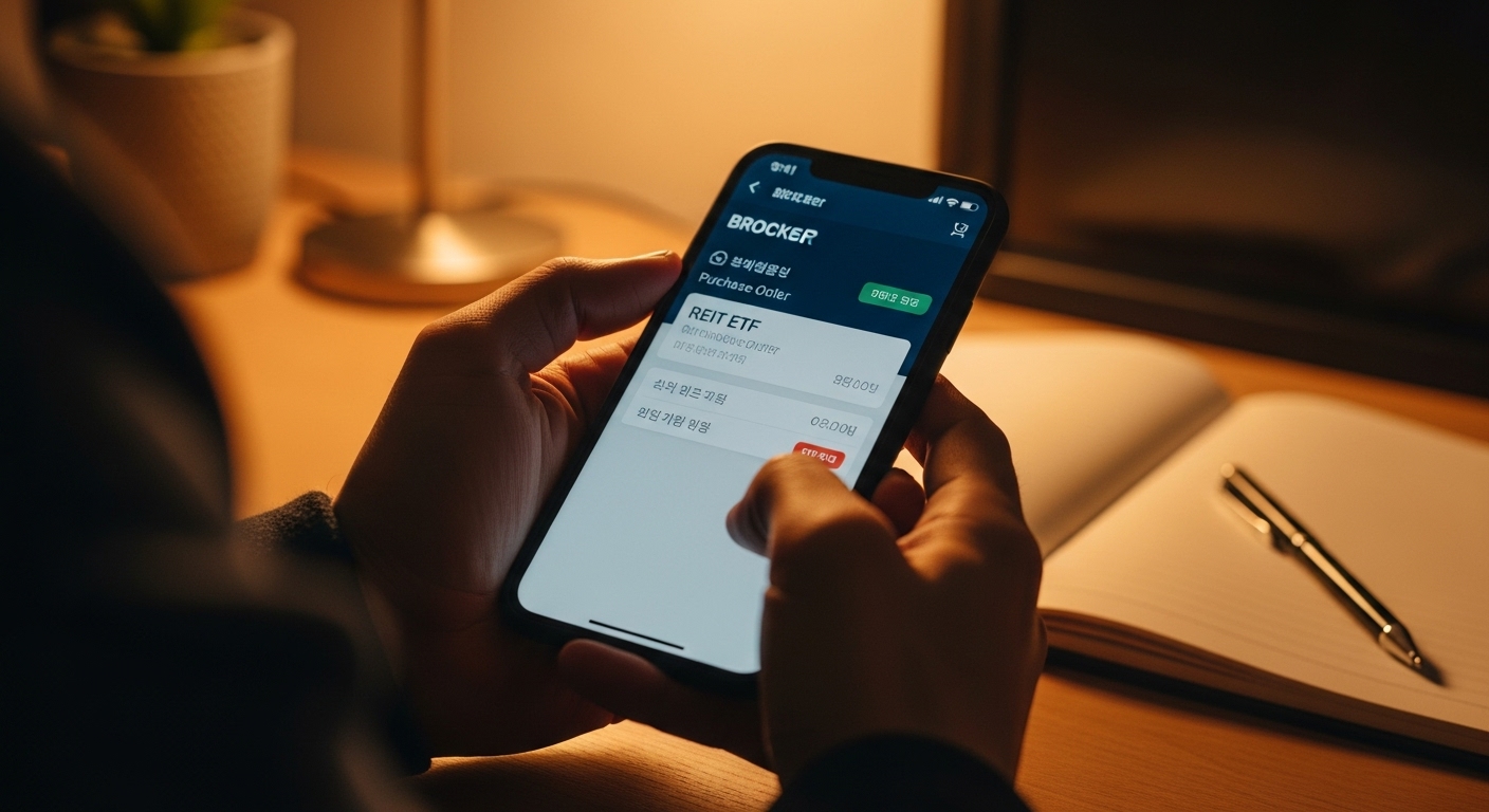 증권사 앱으로 리츠와 인프라펀드 ETF에 투자하는 한국인 투자자 손 모습