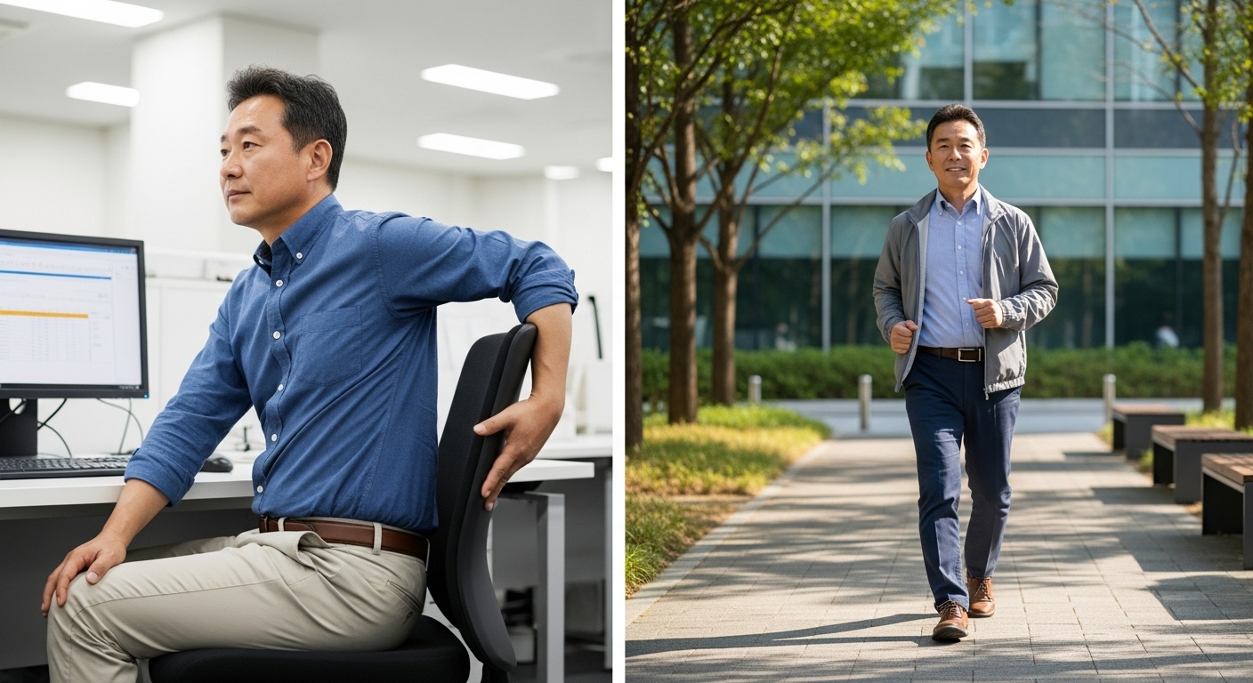직장에서 간단히 스트레칭과 점심 후 산책하는 중년 직장인의 모습