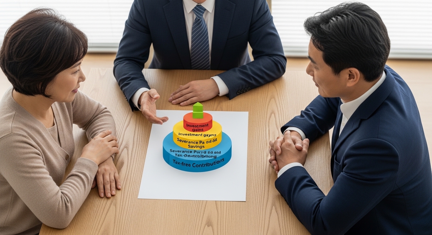 연금계좌에서 어떤 돈이 먼저 나오는지 3단 케이크 비유로 설명받는 한국인 부부