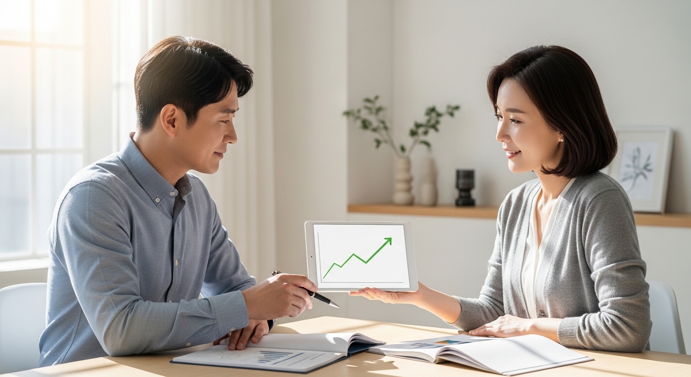 거실에서 태블릿과 서류로 은퇴 자금을 점검하는 40대 초반 한국인 부부