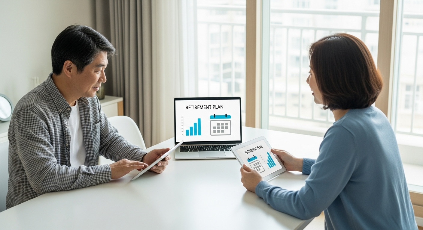 연금계좌로 은퇴 후 매월 현금흐름을 계획하는 40대 한국인 부부의 모습