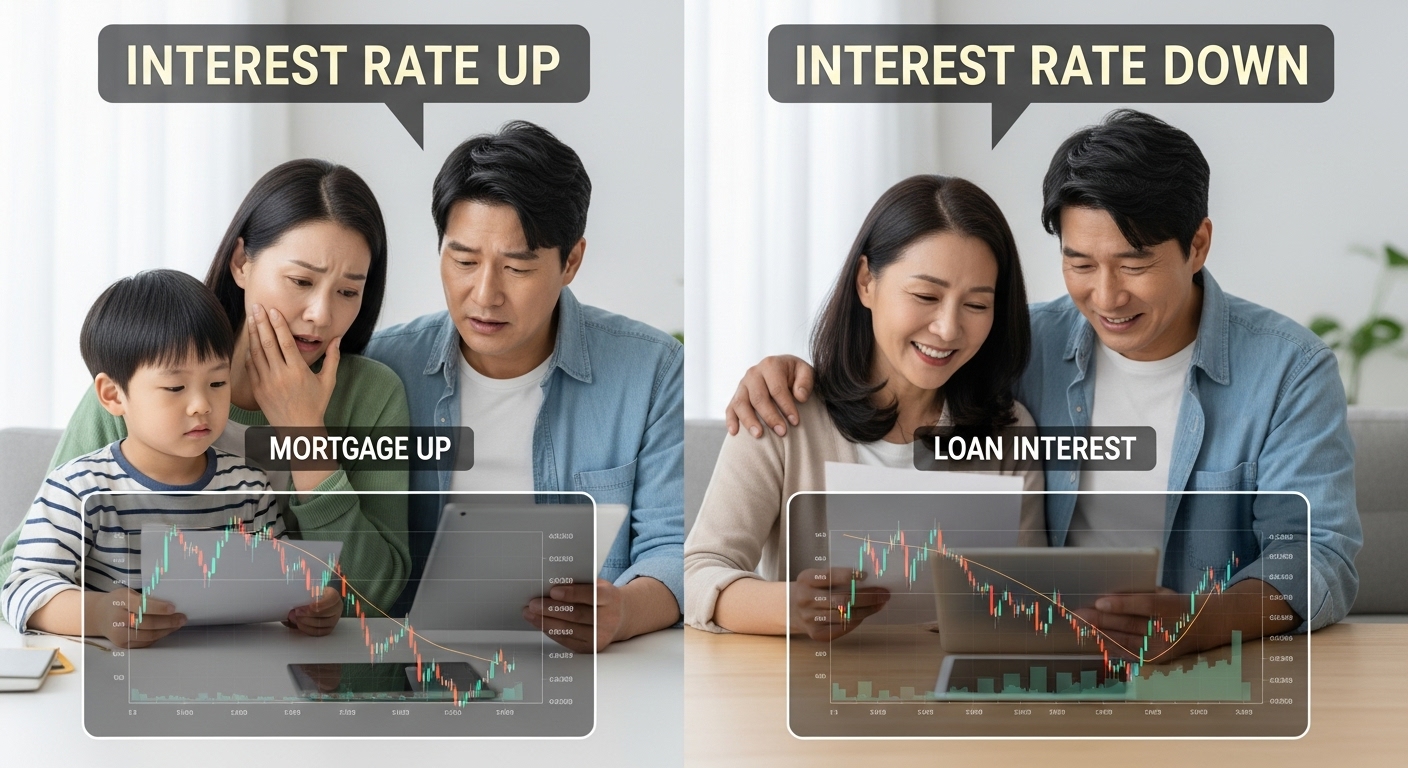 금리 상승과 하락이 대출과 주식에 미치는 영향을 비교하는 장면