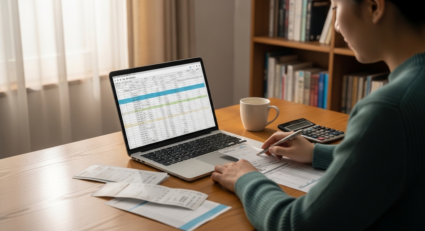 신용카드 명세서와 은행 거래 내역을 보며 지출을 계산하는 한국인 모습