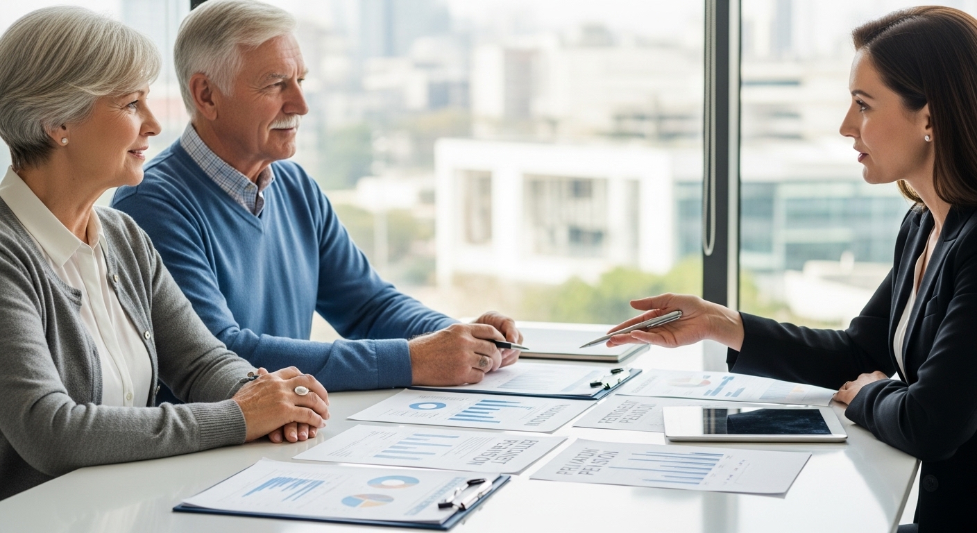 연금 3층 구조에 관해 상담하는 50대 부부와 재무 설계사