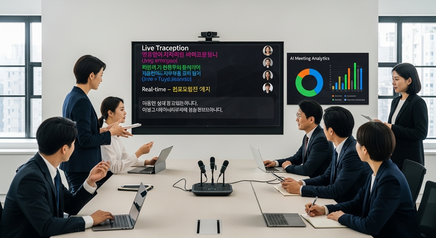 AI 커뮤니케이션 도구를 활용해 스마트하게 회의를 진행하는 한국인 팀원들