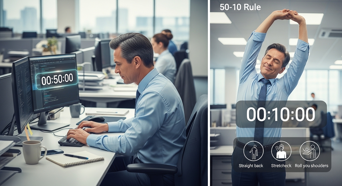50분 집중 업무 후 10분 스트레칭을 실천하는 한국인 중년 직장인