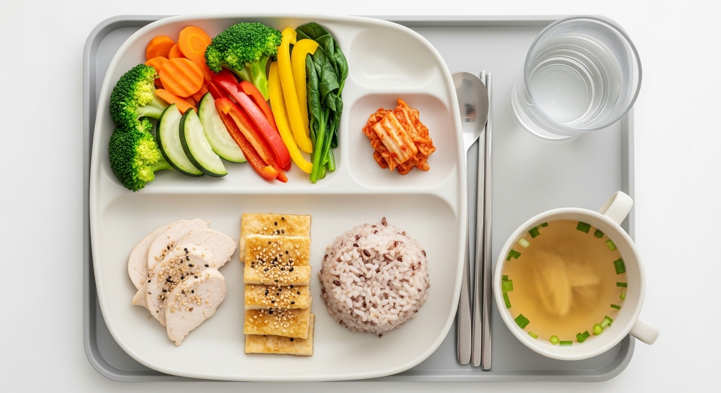 한국인 직장인을 위한 채소, 단백질, 탄수화물 순서로 구성된 건강한 점심 식사