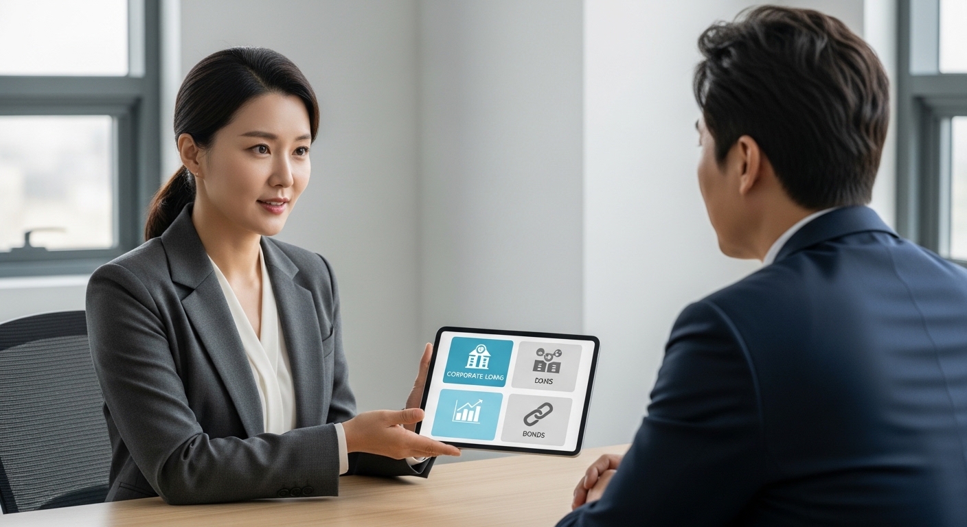 사무실에서 기업대출과 채권 중심 운용 구조를 설명하는 40대 초반 한국인 상담 장면
