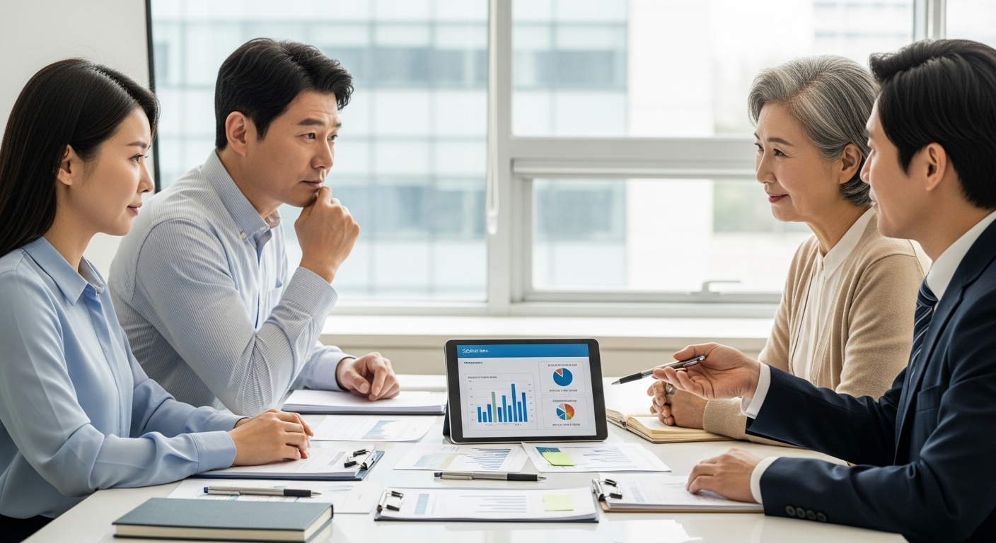40대 50대 60대가 각 연령대별 맞춤 절세와 노후 전략을 상담하는 모습