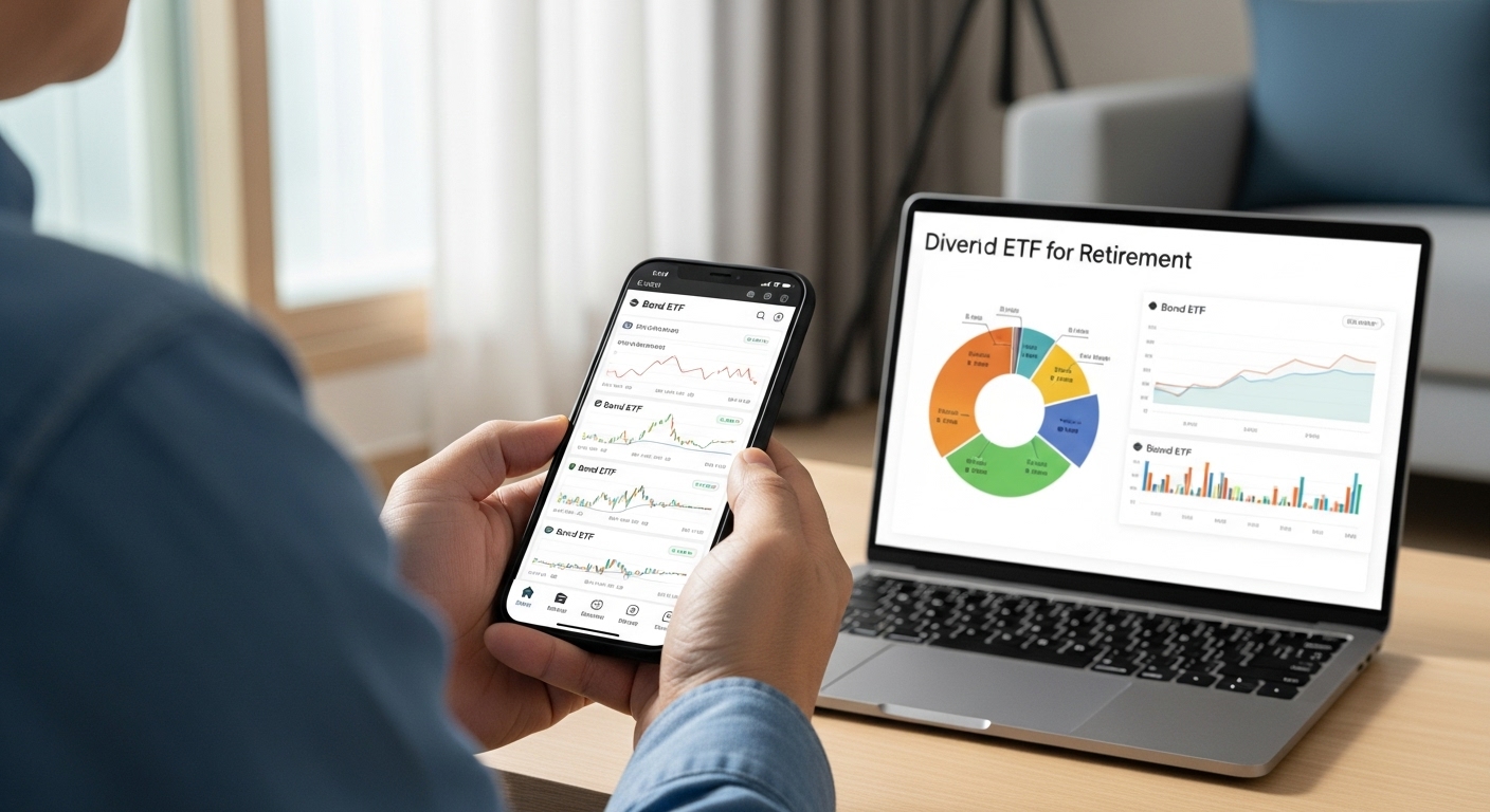 채권 ETF로 국채와 회사채에 분산 투자하면서 노후 포트폴리오를 관리하는 50대 한국인 남성