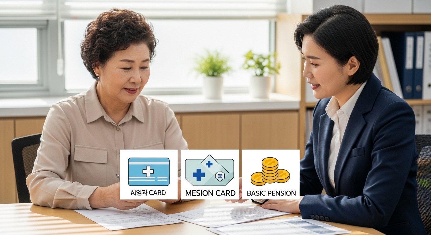 건강보험료와 기초연금 수급 조건을 함께 점검하는 한국인 여성 노년층과 상담사