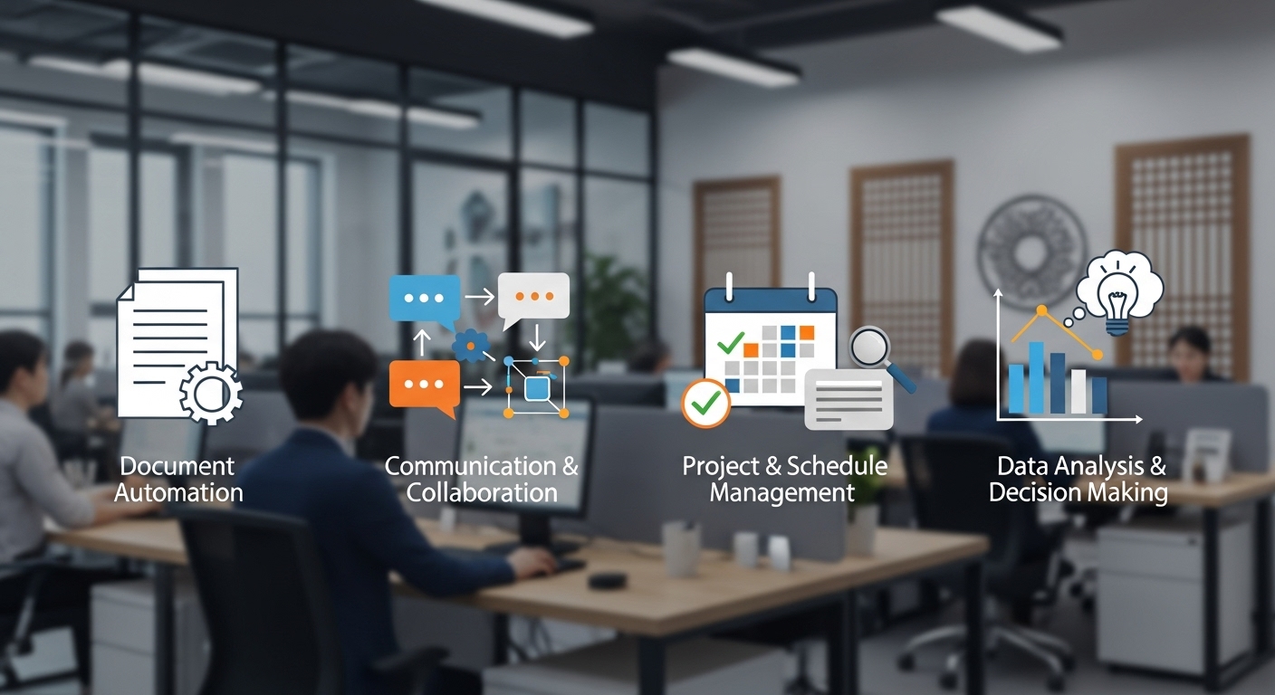 업무 혁신을 이끄는 AI의 4가지 핵심 활용 영역을 시각적으로 표현한 이미지