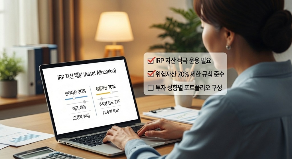 IRP에서 예금 채권 펀드 ETF 비중을 나눠 투자하고 수수료와 세액공제 한도를 확인하는 50대 여성의 모습
