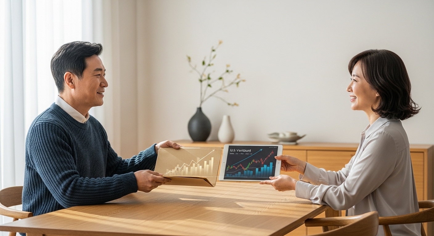 수익이 큰 미국 주식을 배우자에게 증여하여 절세 전략을 상의하는 한국 부부