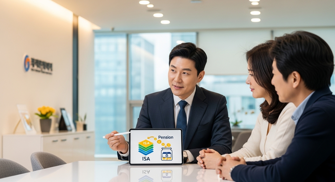 재무 상담사가 한국인 부부에게 ISA 만기 자금을 연금저축 계좌로 이전해 세액공제를 받는 방법을 설명하는 장면