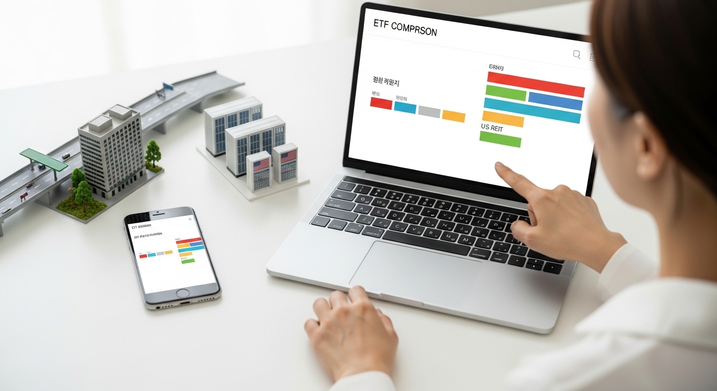 국내와 미국 리츠 인프라 ETF를 비교하며 선택하는 장면