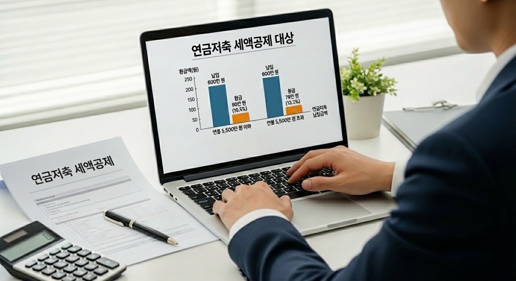 연금저축 세액공제와 환급 금액을 노트북으로 계산하는 한국인 직장인