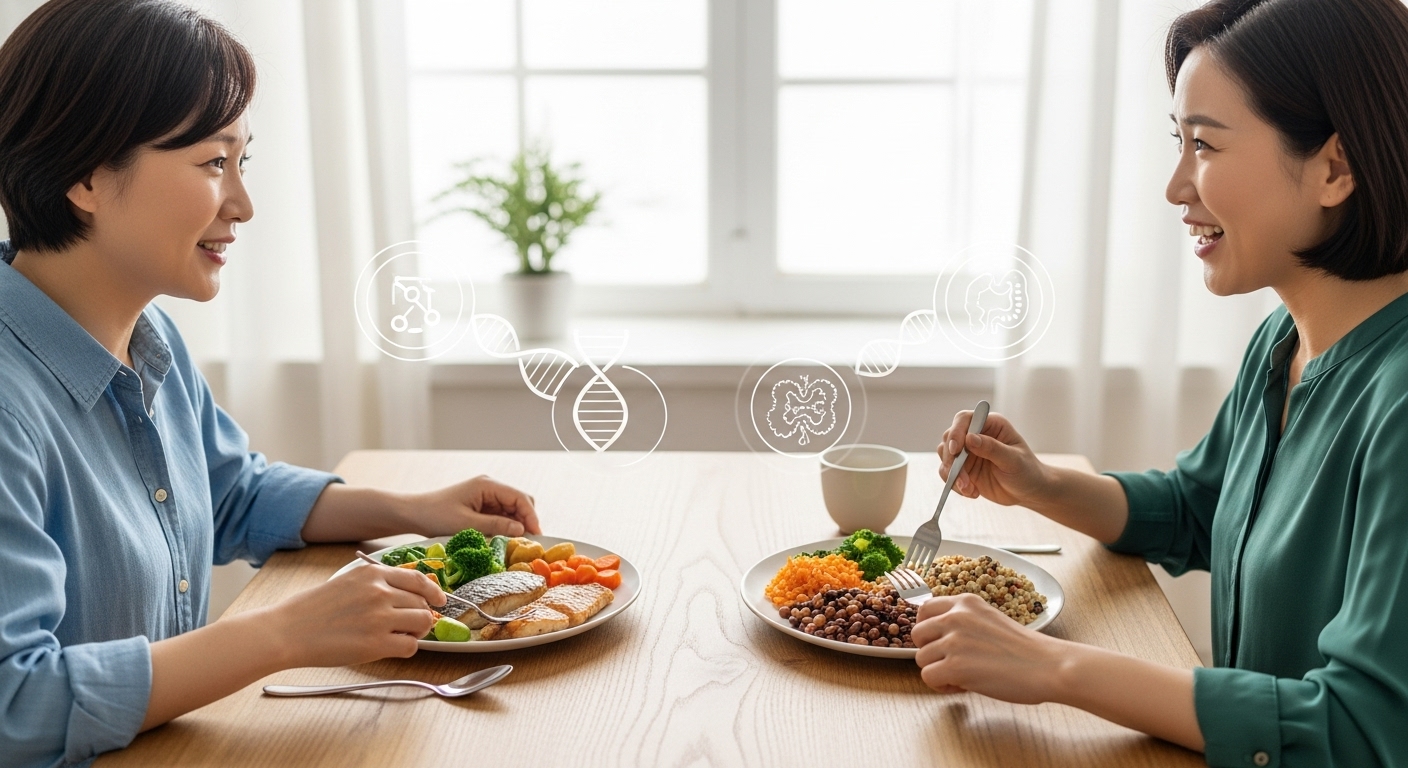 각자에게 맞춘 다른 건강식 식단을 먹으며 대화하는 두 한국인의 모습과 식단 개인차를 상징하는 그래픽