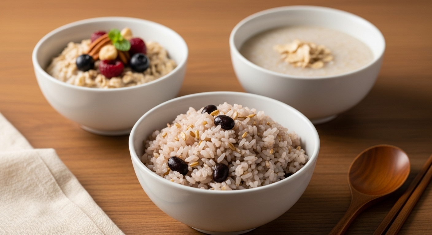 귀리밥과 오트밀, 귀리죽으로 구성된 당뇨 환자용 건강한 아침 식사