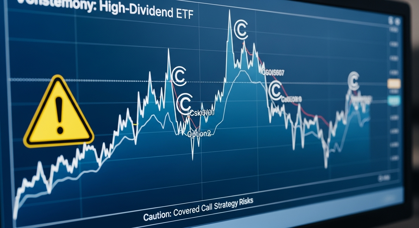 고배당의 함정과 커버드콜 ETF의 위험성을 경고하는 주식 차트 이미지