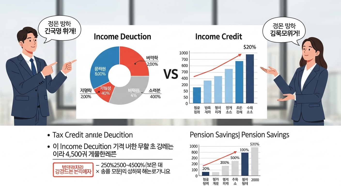 세액공제와 소득공제의 차이를 설명하는 인포그래픽과 한국인 직장인의 모습
