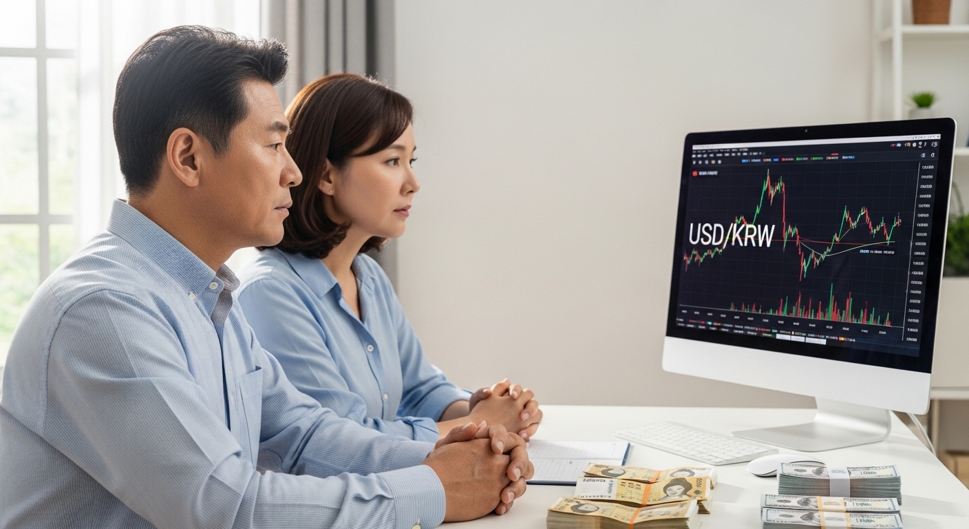원달러 환율 그래프를 보며 자산을 고민하는 중장년 한국인 부부
