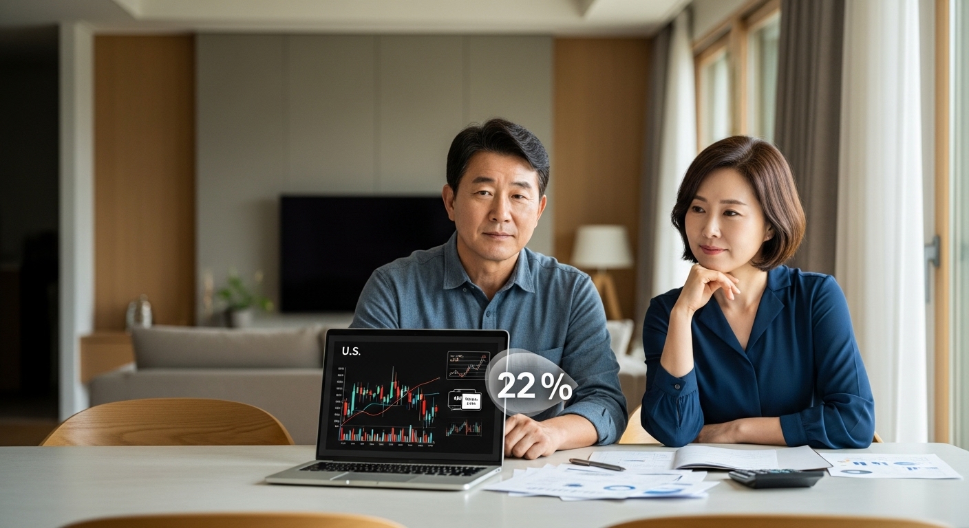 미국 주식 수익과 22% 세금을 고민하는 중장년 한국 부부의 실생활 장면
