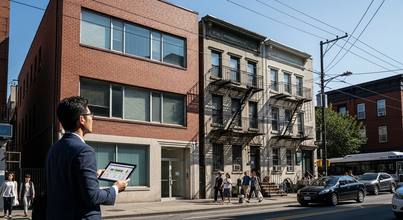 중년 한국인 부동산 투자자가 소형 오피스텔과 인근 주택가를 살펴보는 모습