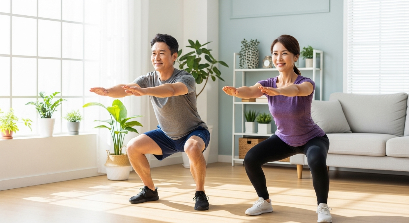 밝고 깔끔한 거실에서 맨몸 스쿼트를 하는 건강한 중년 한국 남녀