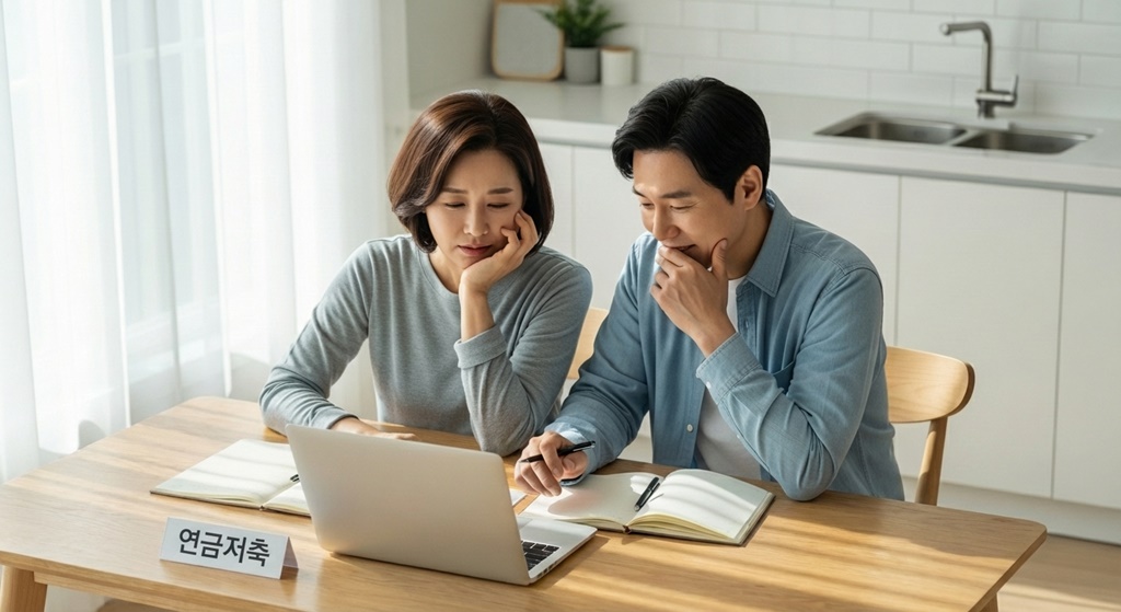 노후 준비를 위해 연금저축을 알아보며 안도하는 40대 한국인 부부