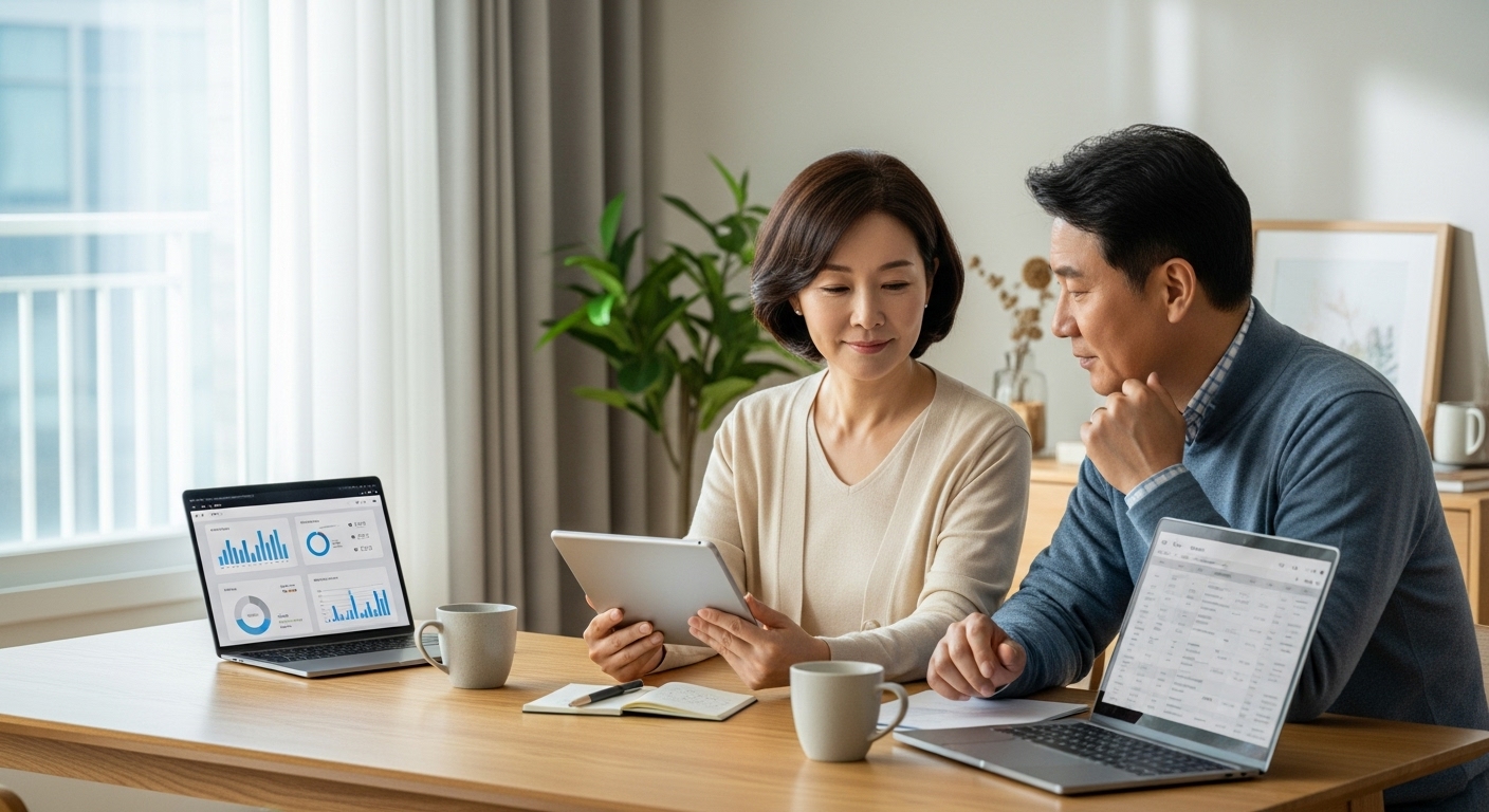 은퇴 후 월급처럼 배당 소득을 확인하는 중장년 한국인 부부
