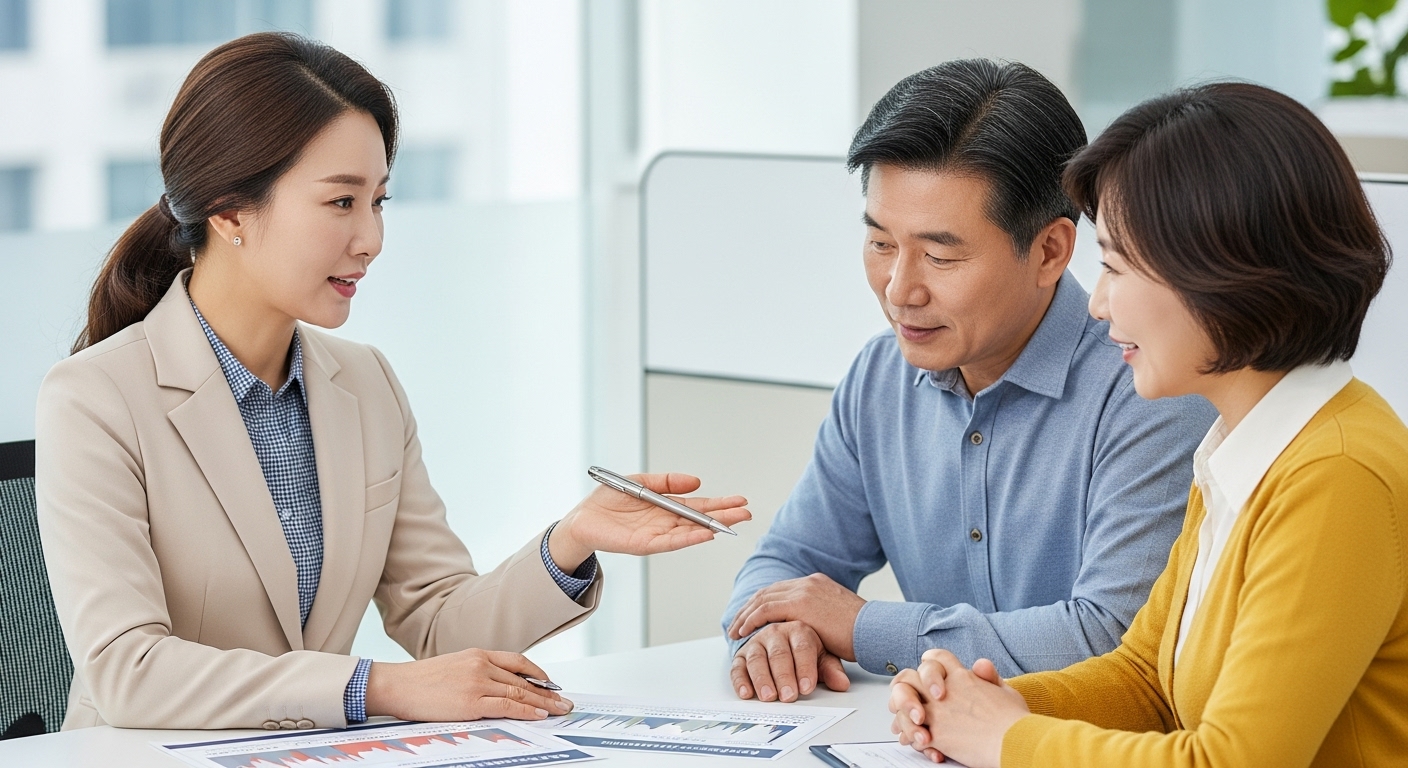 최저보증연금보험의 구조와 최소 이율 보장을 상담받는 중장년 한국인 부부