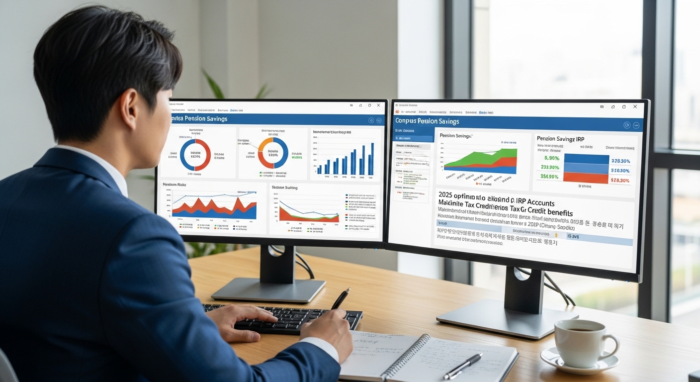 연금저축과 IRP 계좌의 투자 자산과 세액공제 전략을 비교하는 한국인 직장인의 모습