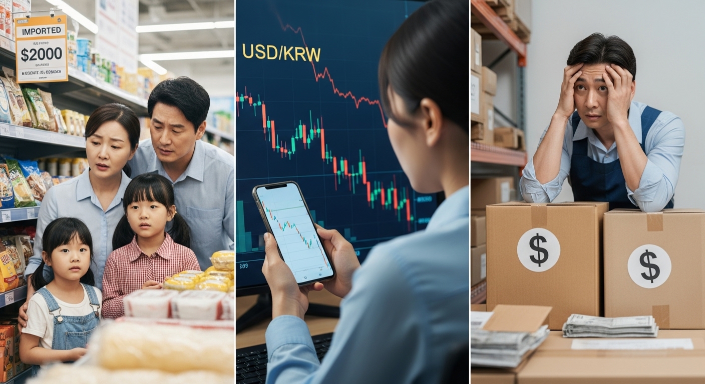 환율 상승으로 물가와 주식시장, 중소기업에 영향 받는 한국인의 일상 모습