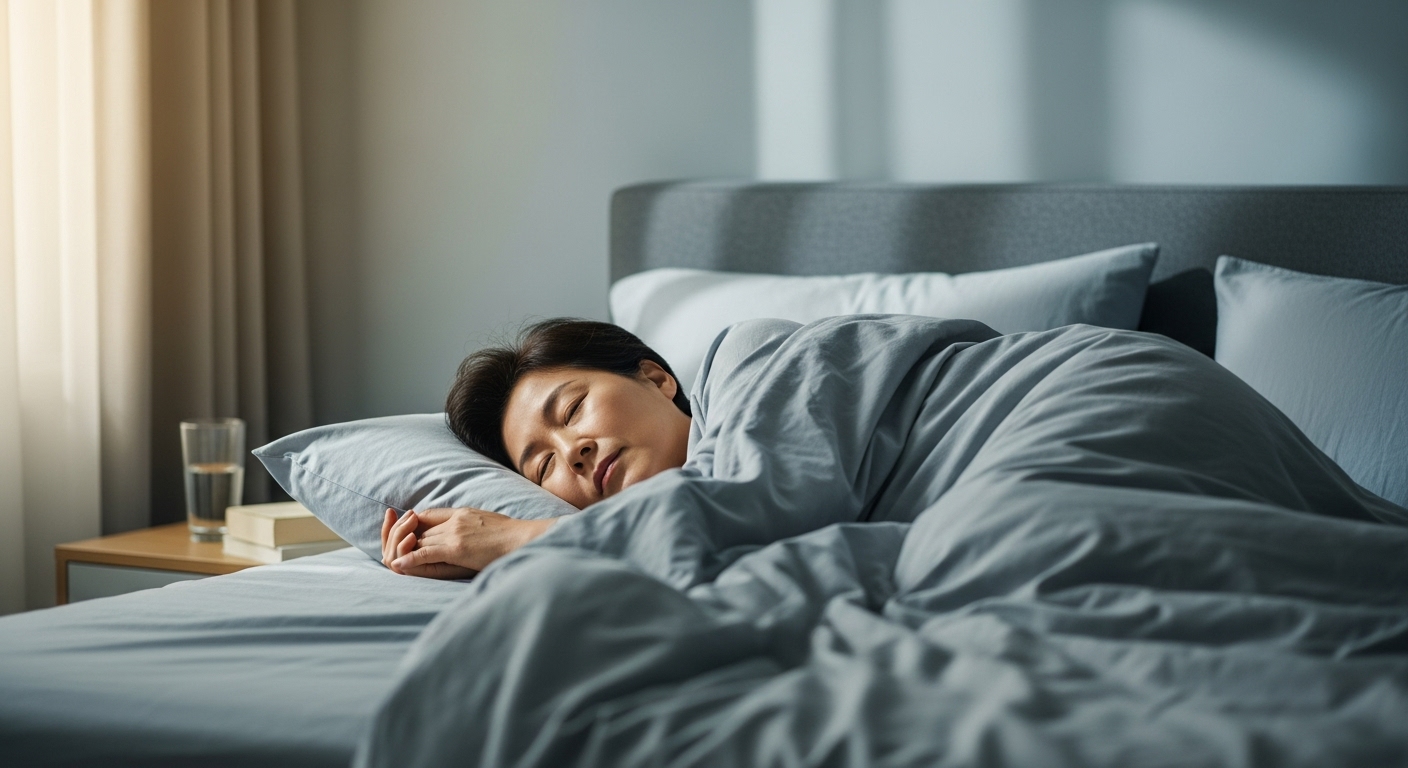편안한 침실에서 평화롭게 잠든 중년 한국인, 근육 회복을 위한 수면 강조