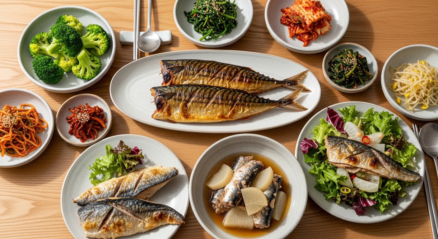 등푸른 생선을 활용한 고등어구이와 정어리조림, 꽁치 샐러드로 구성된 당뇨 식단 상차림