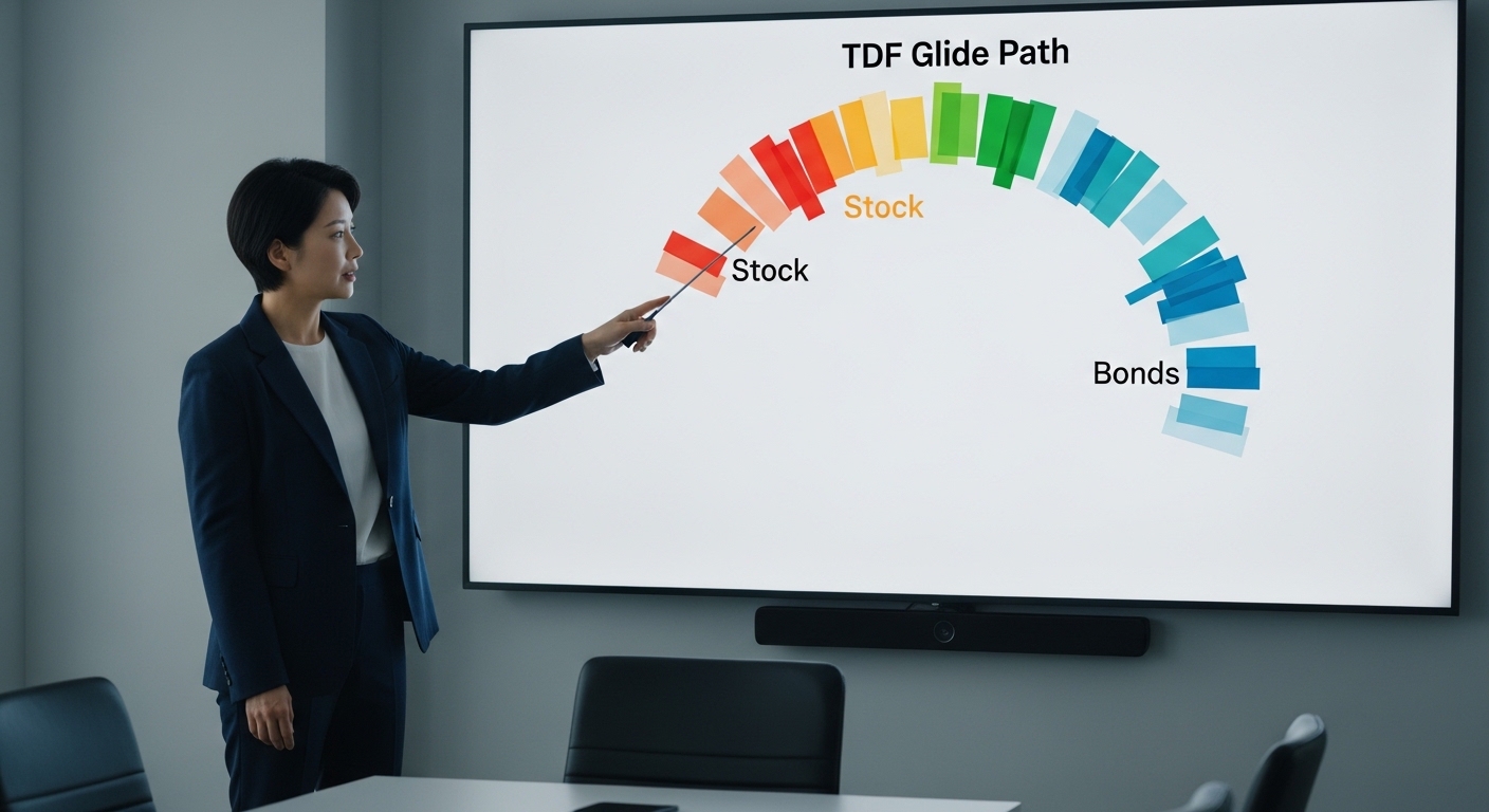 글라이드패스를 설명하며 주식에서 채권으로 비중이 이동하는 흐름을 보여주는 40대 초반 한국인