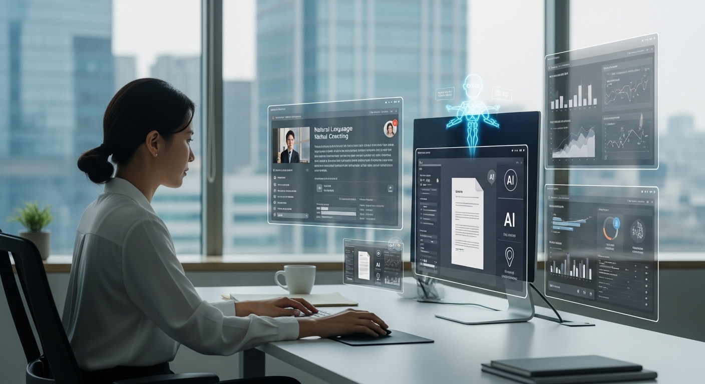 2025년 AI가 통합된 현대 사무실에서 업무 효율성을 높이는 한국인 직장인 모습