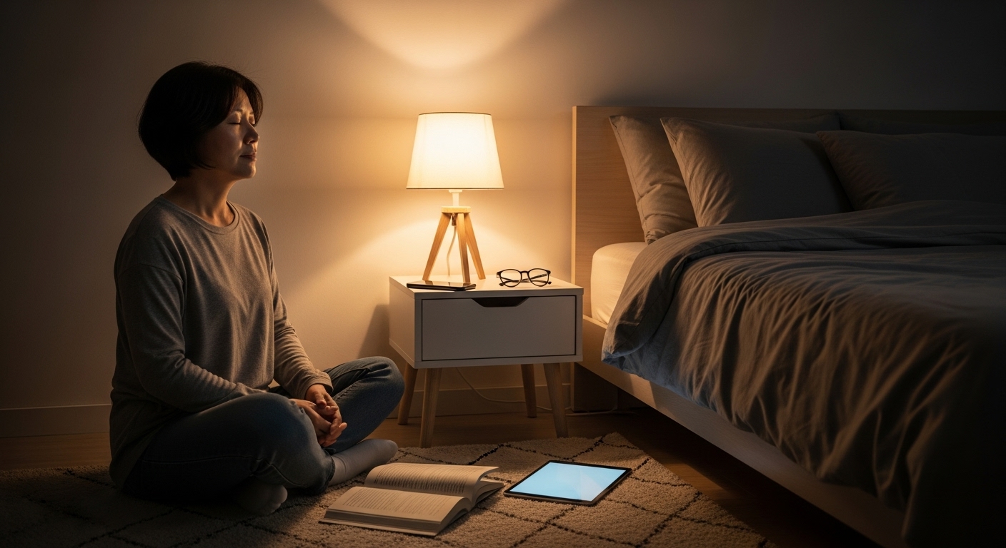 잠들기 전 전자기기를 끄고 명상이나 독서를 하며 수면 준비하는 한국인