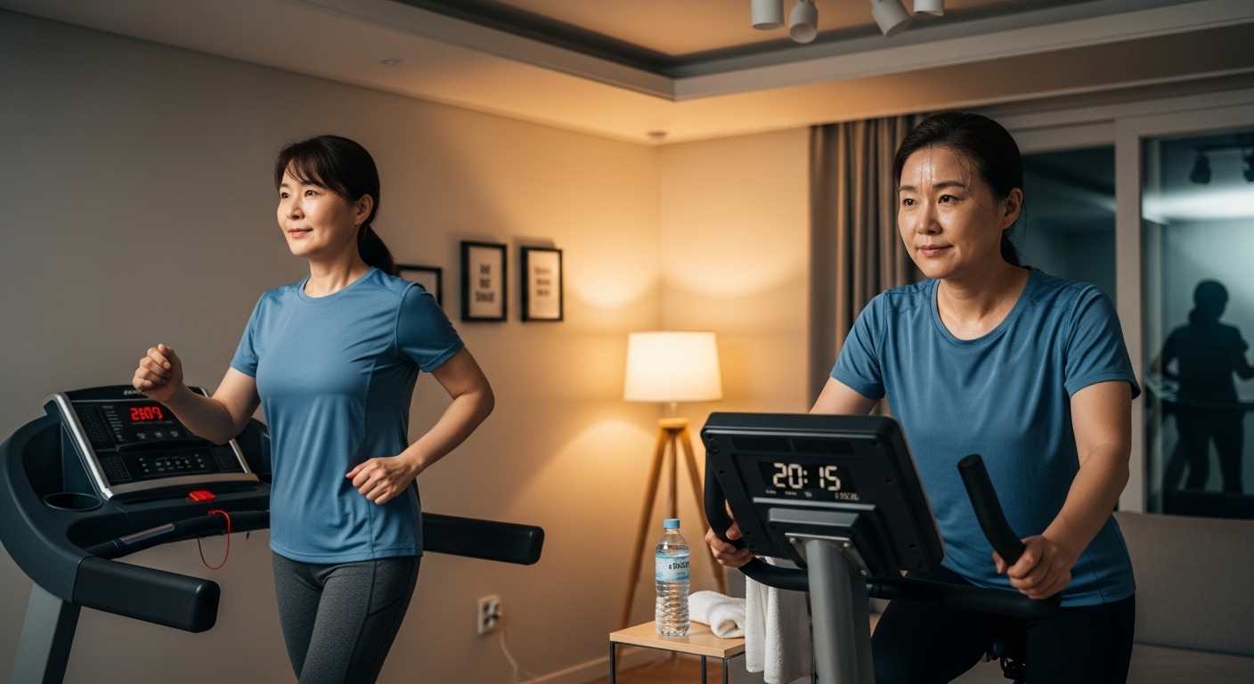 퇴근 후 30분 유산소 운동하는 한국인 중년 직장인