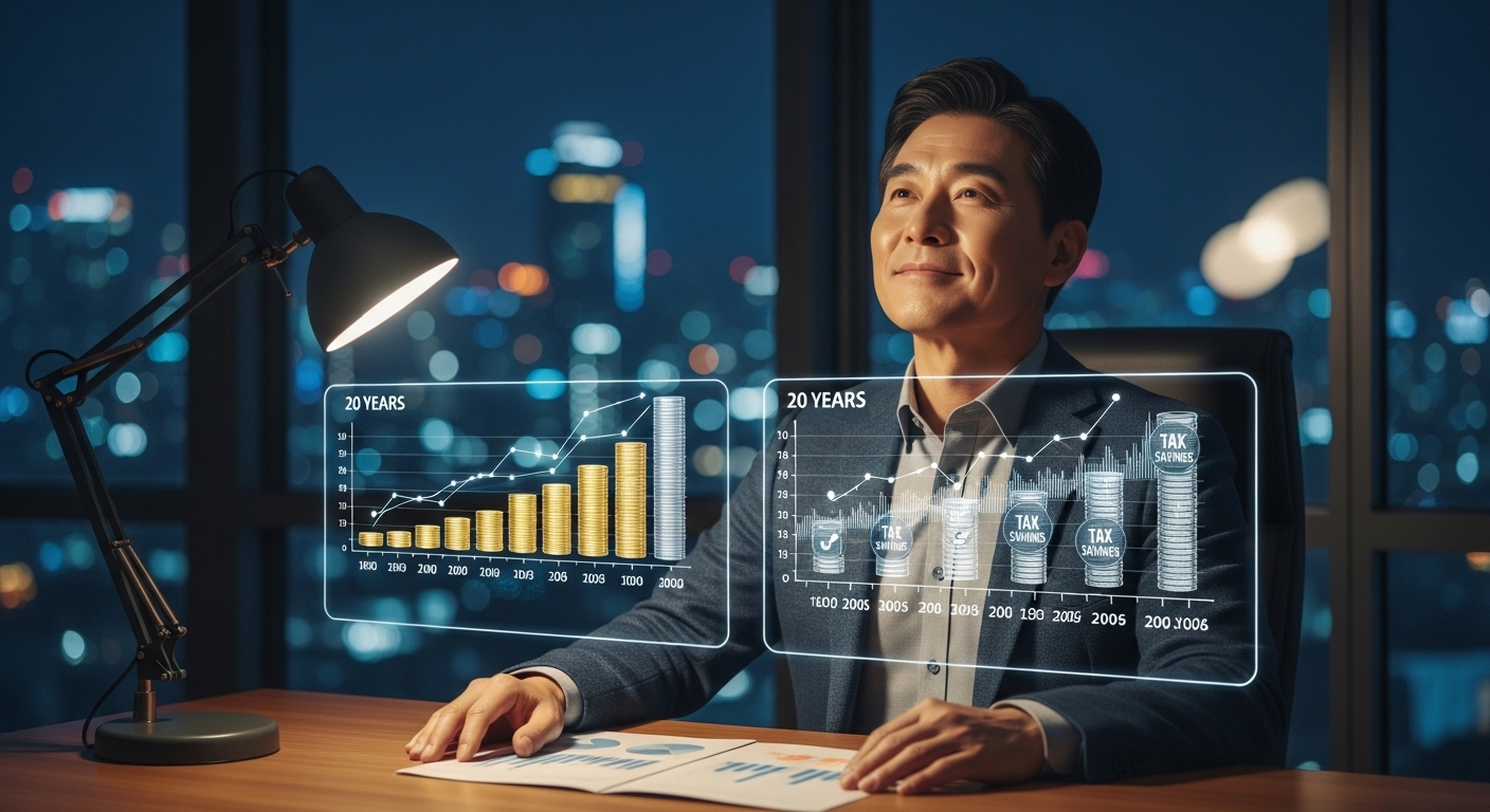 ISA 풍차돌리기와 연금저축을 20년간 활용해 노후 자금을 키우는 50대 한국 남성을 표현한 이미지